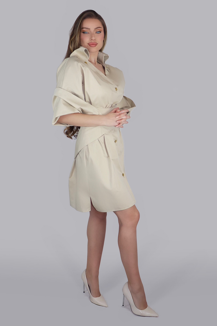 Sovereign Poised Contour – Sculptural Matte Beige Corset Shirt Dress