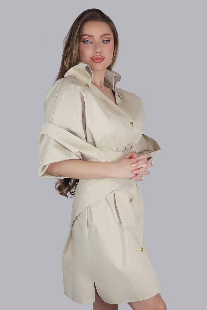 Sovereign Poised Contour – Sculptural Matte Beige Corset Shirt Dress