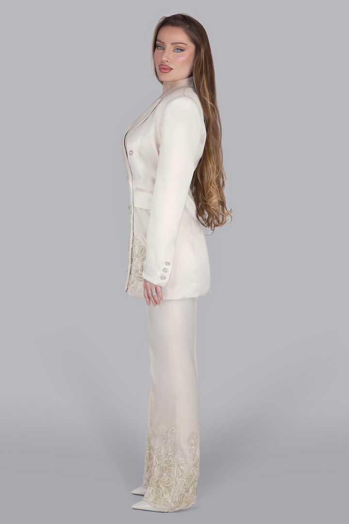 Regalia Pearl Opulence – Cream Satin Suit with Pearls & Lace