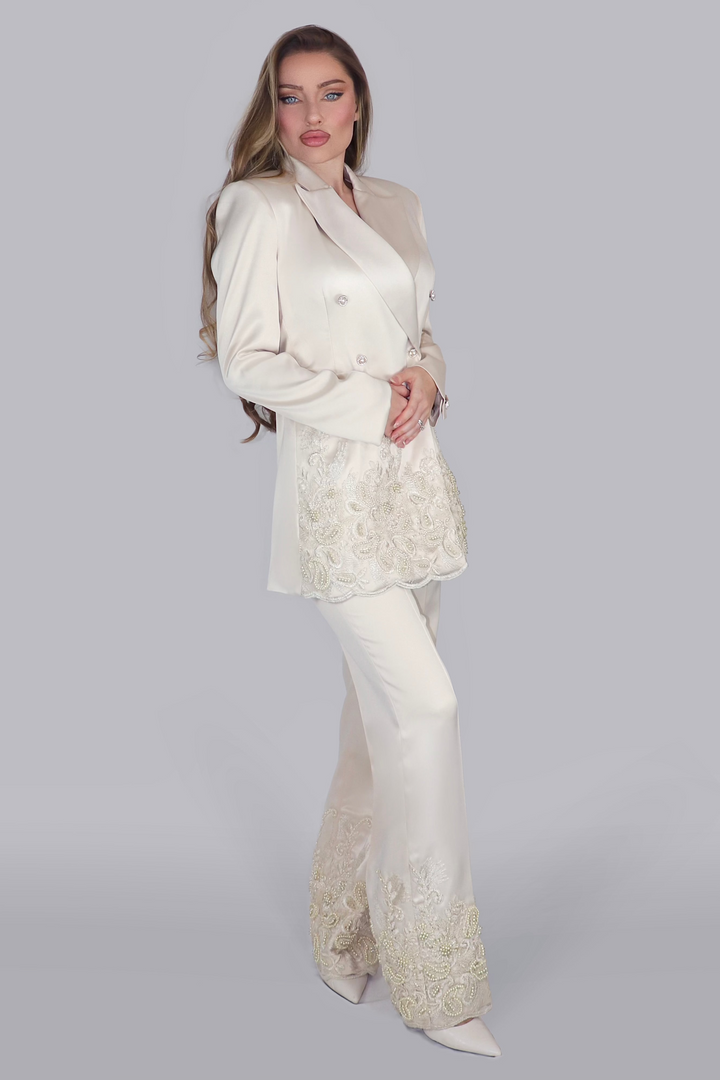 Regalia Pearl Opulence – Cream Satin Suit with Pearls & Lace