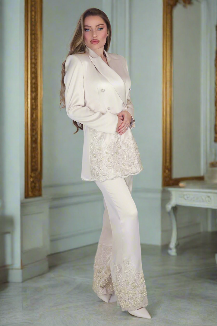 Regalia Pearl Opulence – Cream Satin Suit with Pearls & Lace