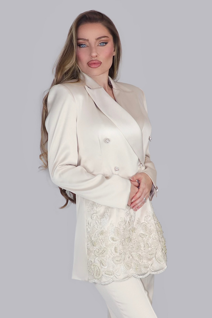 Regalia Pearl Opulence – Cream Satin Suit with Pearls & Lace