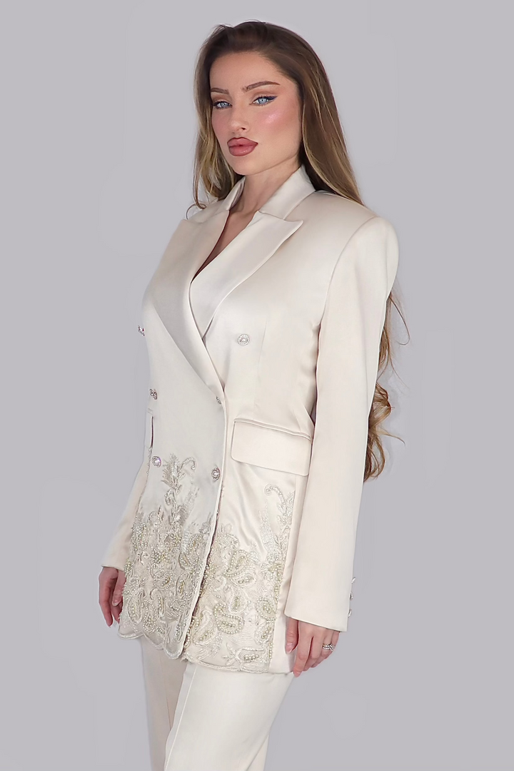 Regalia Pearl Opulence – Cream Satin Suit with Pearls & Lace