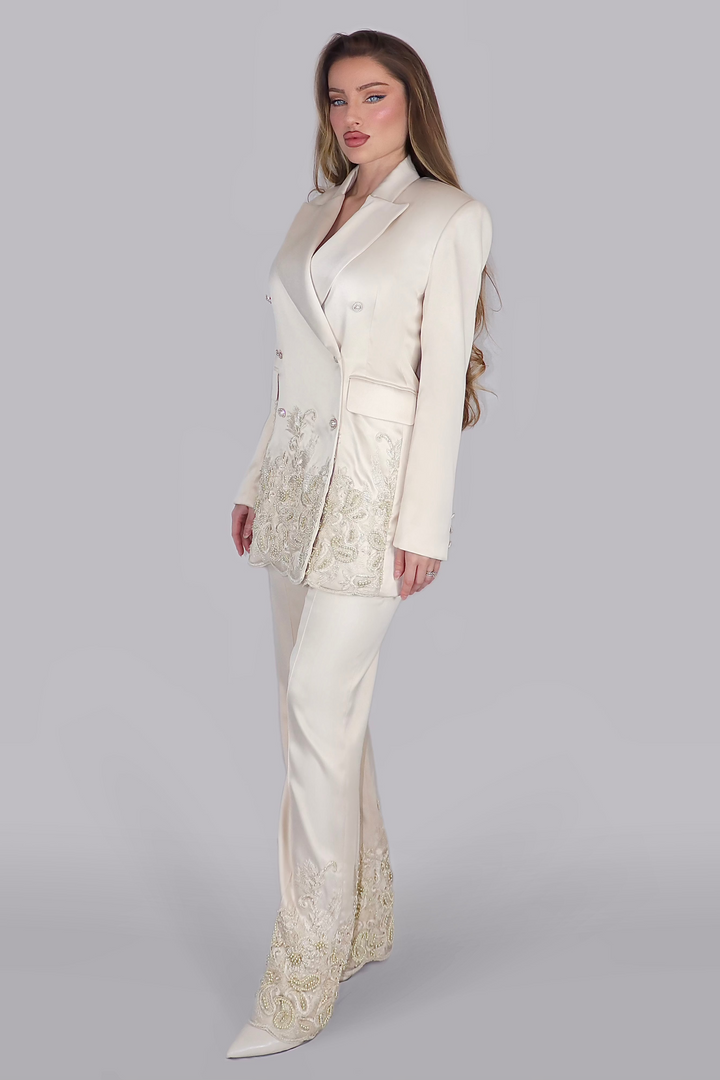 Regalia Pearl Opulence – Cream Satin Suit with Pearls & Lace