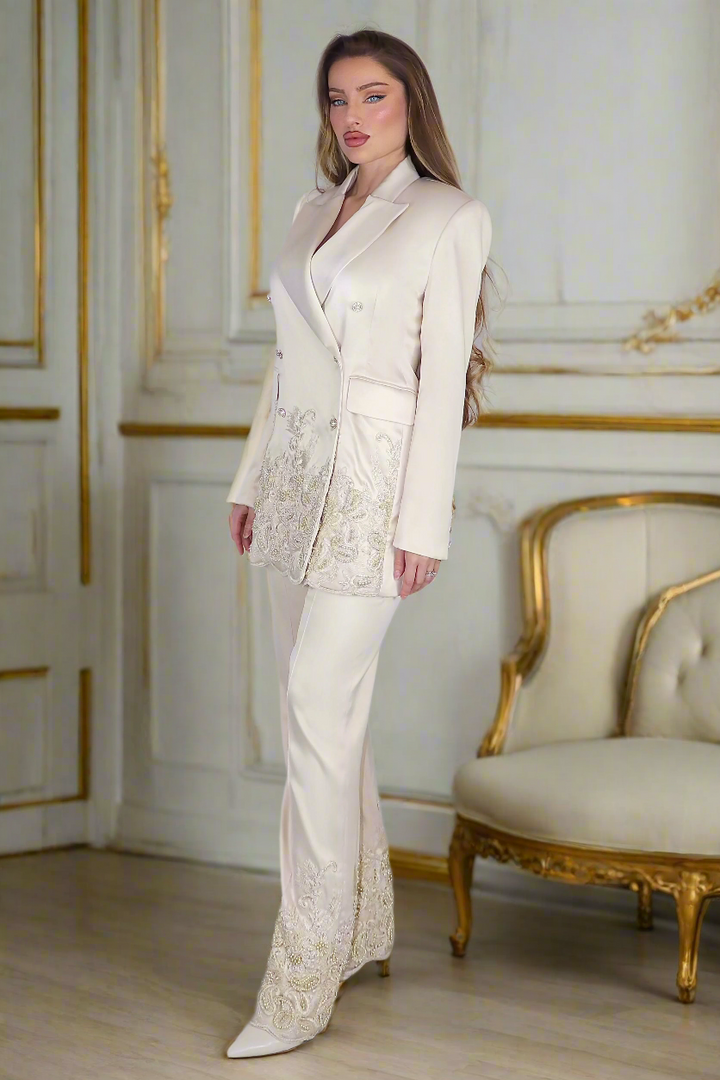 Regalia Pearl Opulence – Cream Satin Suit with Pearls & Lace