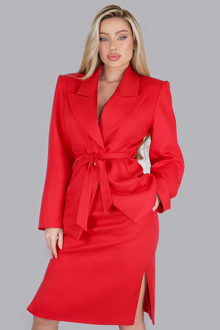 Imperial Rouge Couture – Red Wool Skirt Suit with Belt